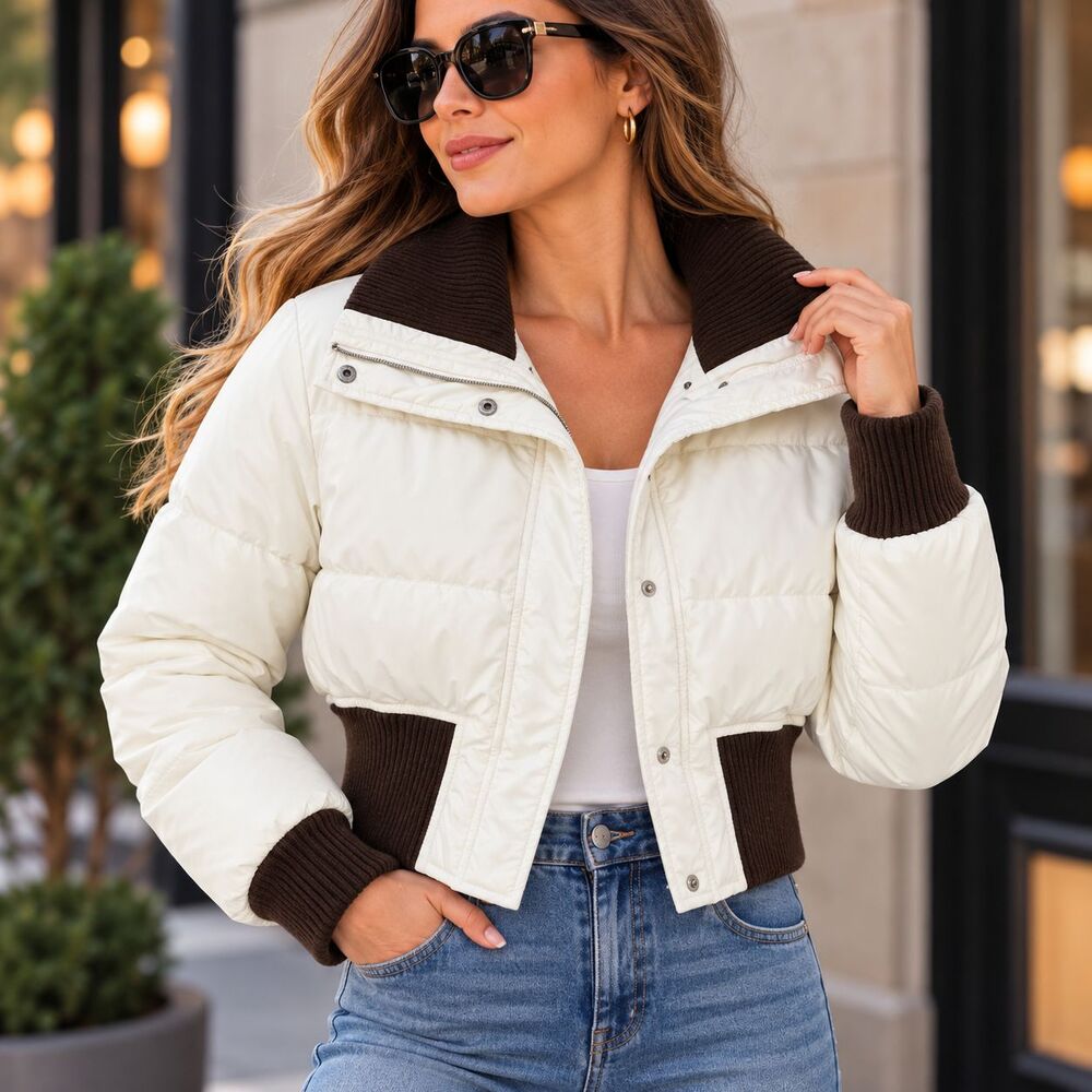 True Religion Women’s XL White Puffer Jacket Brown Ribbed Cropped Bomber Coat